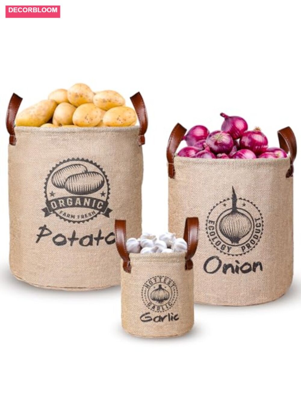 Burlap Potato Onion Garlic Storage Baskets Set of 3 Lined Pantry Bins with